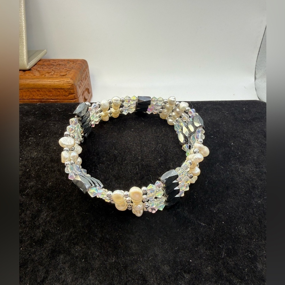 Vintage Convertible Pearl Crystal Hematite Wrap Necklace Bracelet Set 27” 33” - Picture 2 of 7
